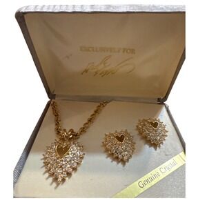 Lord and Taylor Vintage Gold Tone Genuine Crystal Heart Necklace and Earring Set